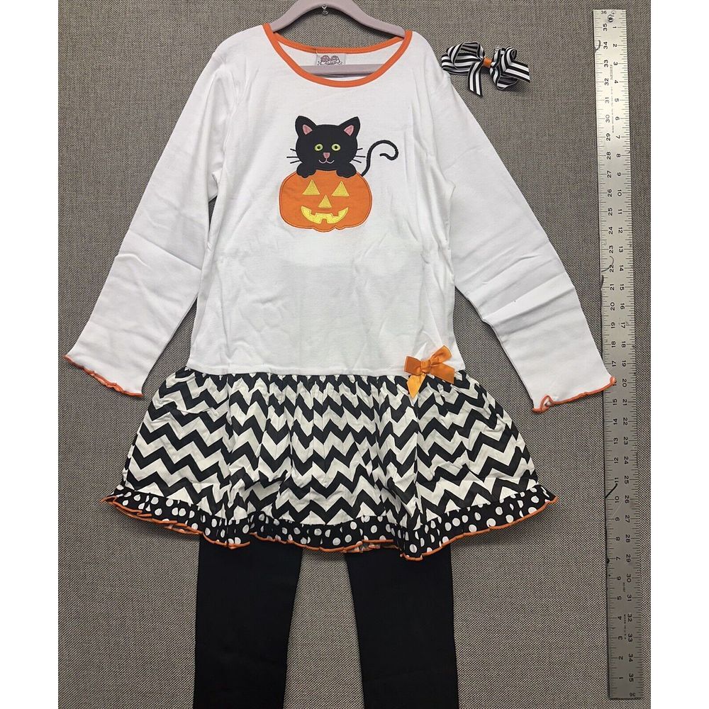 BNWT Ann Loren Halloween Black Cat In Pumpkin Dress Pants Set Girls Size 11/12 - Picture 2 of 8